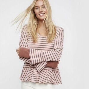We The Free Antique Pink Striped Peplum Top Bell Sleeves Boho
